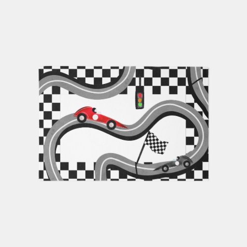Kids racing theme car black white checker pattern rug