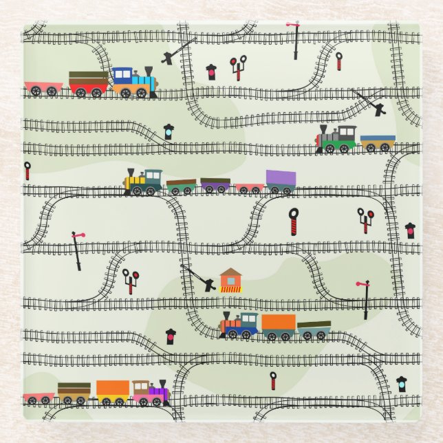 Kids Railway: Funny Seamless Pattern Glass Coaster (Front)