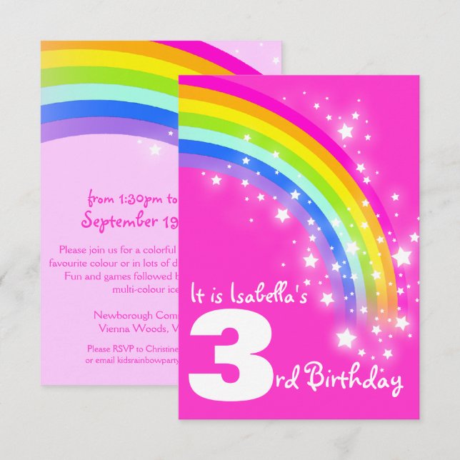 Kids rainbow 3rd birthday pink birthday invite (Front/Back)