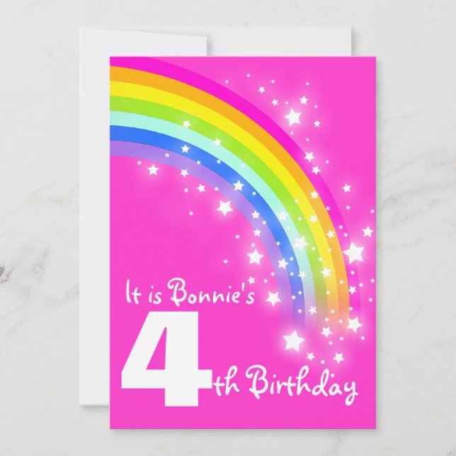 Kids rainbow 4th birthday pink birthday invite (Front)