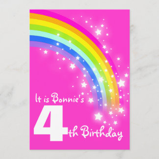 Kids rainbow 4th birthday pink birthday invite