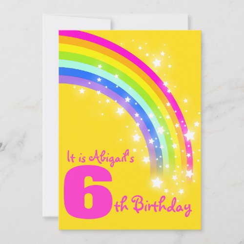 Kids rainbow 6th birthday yellow birthday invite