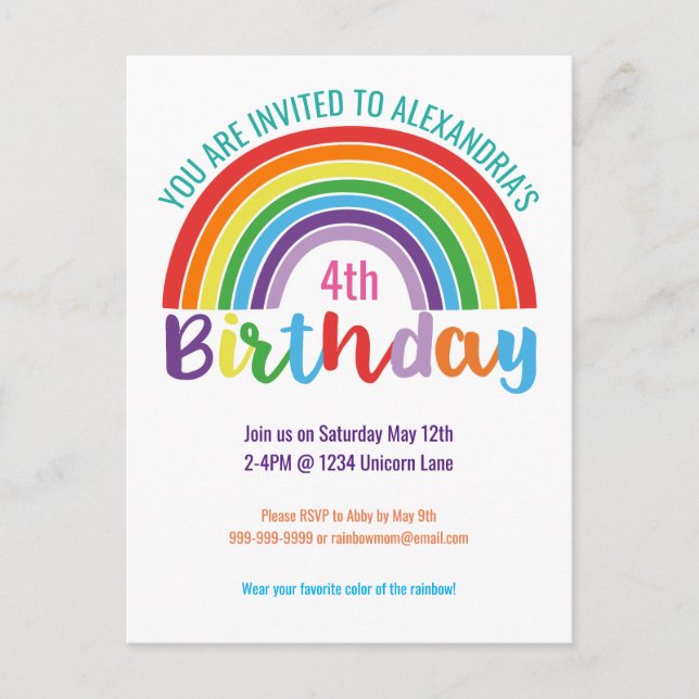 Kids Rainbow Birthday Party Colorful Girls Pretty Invitation Postcard (Front)