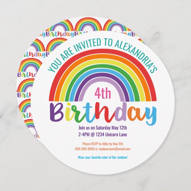 Kids Rainbow Birthday Party Colorful Pretty Girls Invitation (Front/Back)