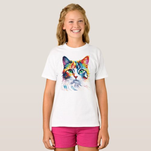 Kids Rainbow Cat Print Short Sleeve T_Shirt