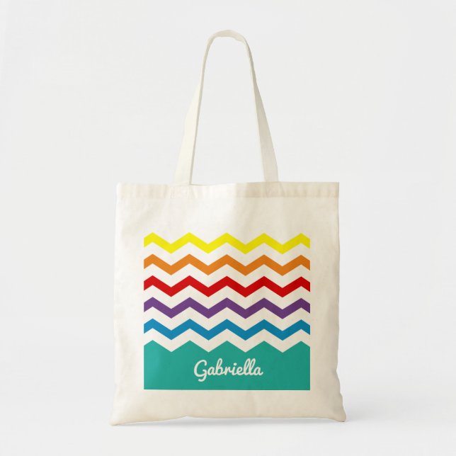 Kids Rainbow Chevron Colorful Pretty Personalized Tote Bag (Front)