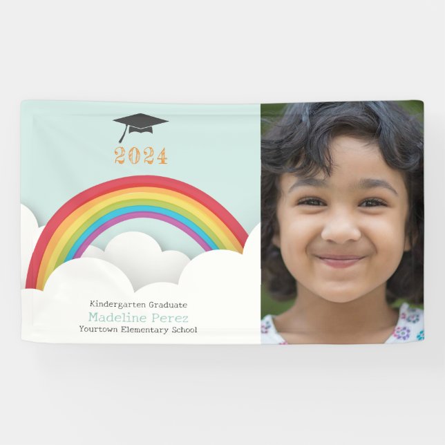 Kids Rainbow Clouds Kindergarten Graduation Photo Banner (Horizontal)