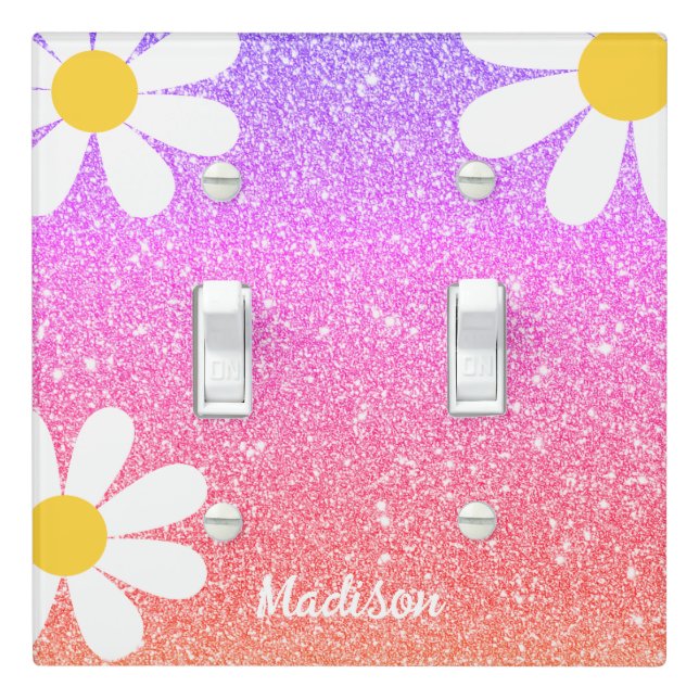 Kids Rainbow Glitter Daisy Floral Personalized Light Switch Cover (In Situ)