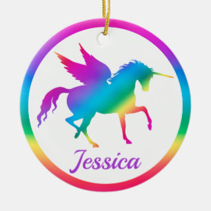 Kids Rainbow Gradient Unicorn Silhouette Ceramic Ornament