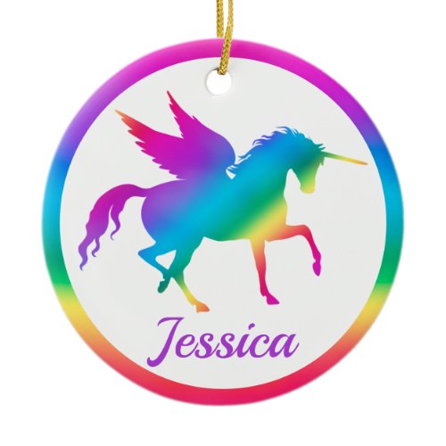 Kids Rainbow Gradient Unicorn Silhouette Ceramic Ornament