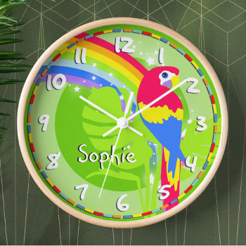 Kids Rainbow Macaw Parrot Name Green Wall Clock by Mylittleeden at Zazzle