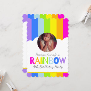 Kids rainbow photo cloud 5th birthday colorful invitation