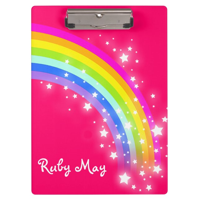Kids rainbow stars red pink named clipboard (Front)