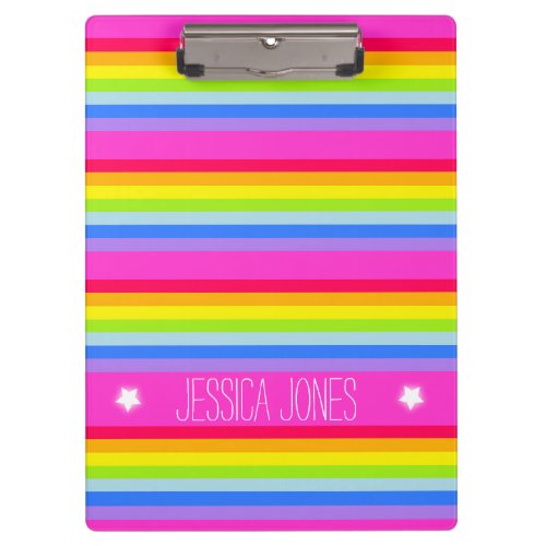 Kids rainbow stripes pink full name clipboard