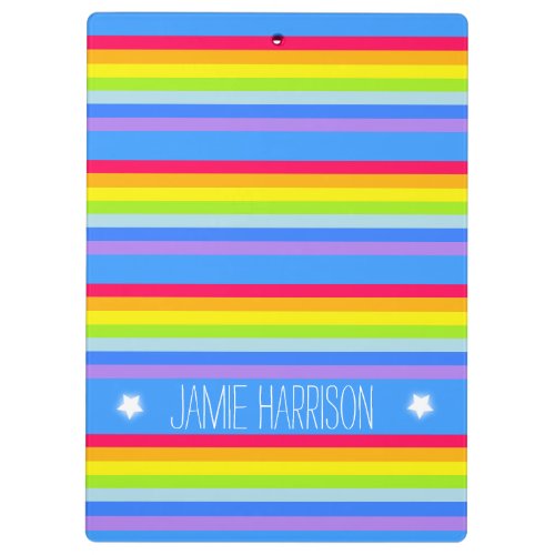 Kids rainbow stripes sky blue named clipboard