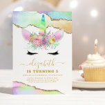 Kids Rainbow Unicorn Birthday Invitation<br><div class="desc">Magical unicorn birthday party invitations featuring pastel rainbow and gold glitter agate crystal edges,  a cute unicorn face with florals,  and a modern celebration template that is easy to customize.</div>