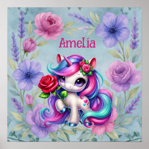 Kids Rainbow Unicorn & Name Nursery Poster