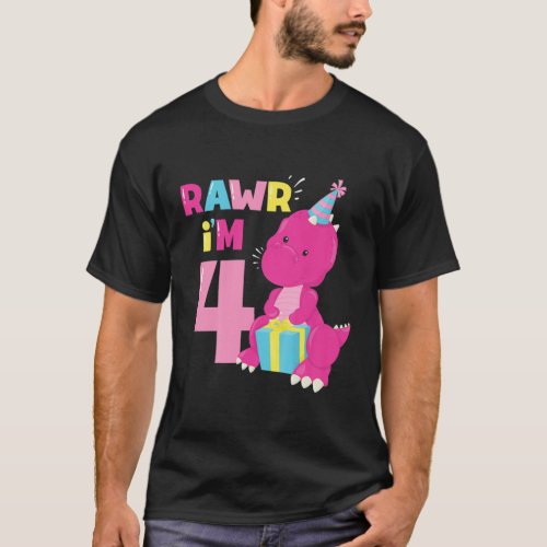 Kids Rawr Im 4 Dinosaur Girl 4Th Birthday Party Fo T_Shirt