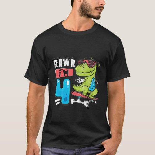 Kids Rawr Im 4 T Rex Dinosaur Skateboard Boys 4Th T_Shirt