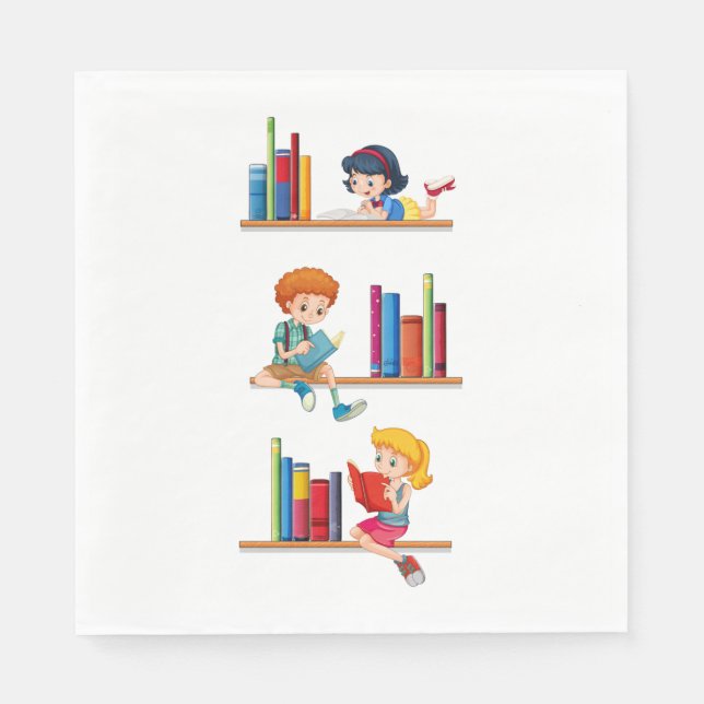 Kids Reading Books on Shelf Napkins (Front)