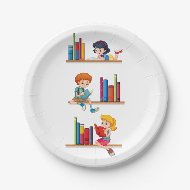 Kids Reading Books on Shelf Paper Plates (Front)