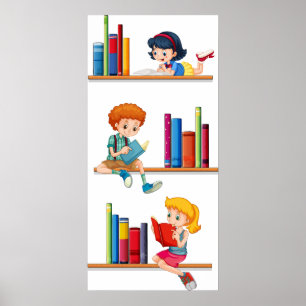 Kids Reading Books on Shelf Poster