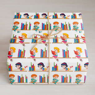 Kids Reading Books on Shelf Wrapping Paper