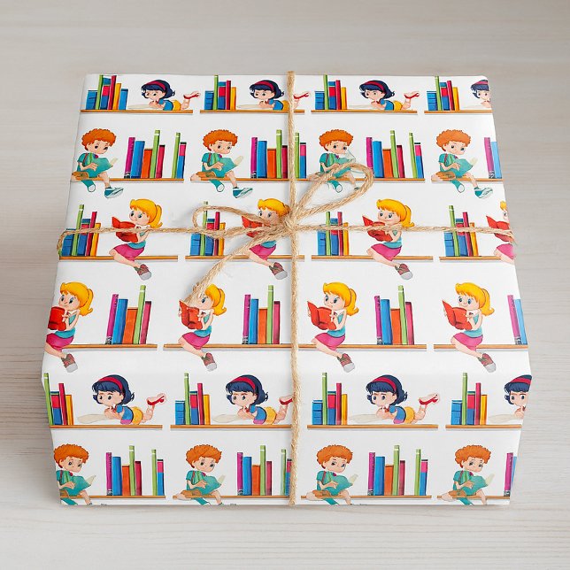 Kids Reading Books on Shelf Wrapping Paper (Creator Uploaded)