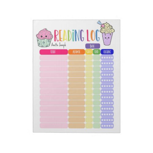 Kids Reading log homeschool reading log cupcake Notepad