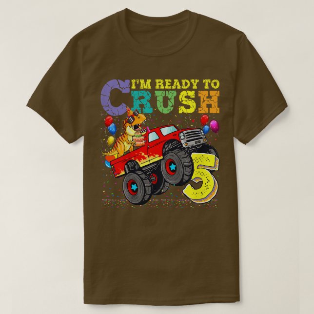 Kids Ready to Crush 5 Dinosaur Monster Truck 5th B T-Shirt (Design Front)