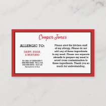 Kids Red Allergy Alert Restaurant Emergency Calling Card