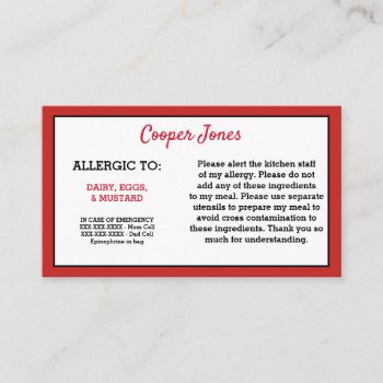 Kids Red Allergy Alert Restaurant Emergency Calling Card by LilAllergyAdvocates at Zazzle