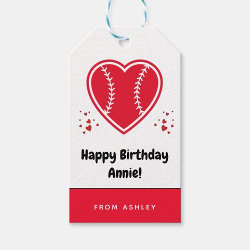 Kids Red Baseball Softball Heart Girls Name Cute  Gift Tags