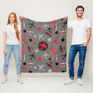 Kid's Red Black Gray Airplanes Pattern Fleece Blanket