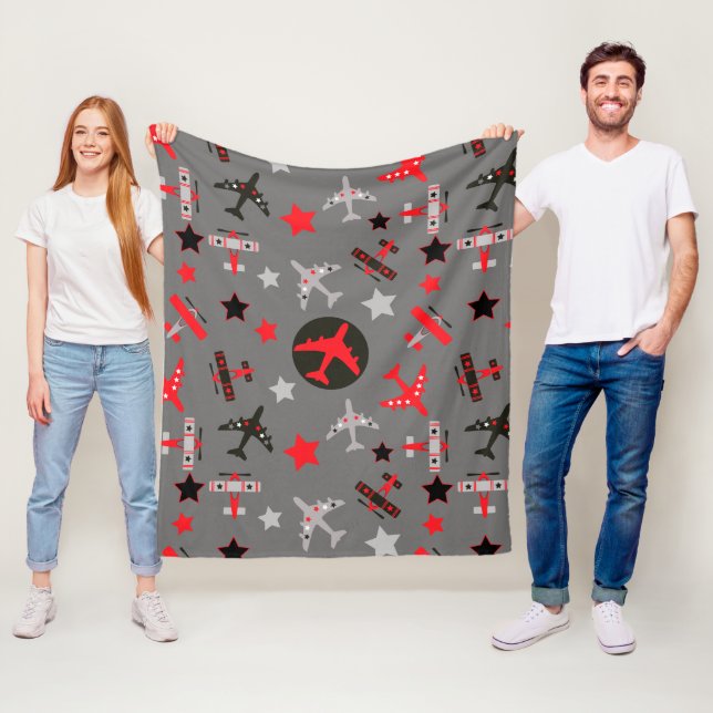 Kid's Red Black Gray Airplanes Pattern  Fleece Blanket (In Situ)