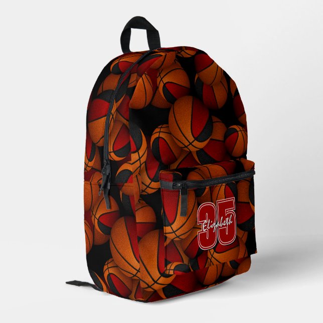 Kids red black team colors basketballs pattern printed backpack (Back Corner Left)