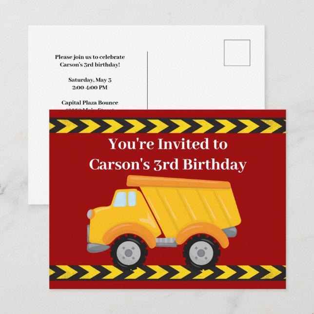Kids Red Dump Truck Boys Birthday Party Invitation Postcard (Front/Back)