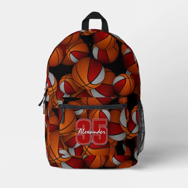 Kids red gray team colors basketballs pattern printed backpack (Front)