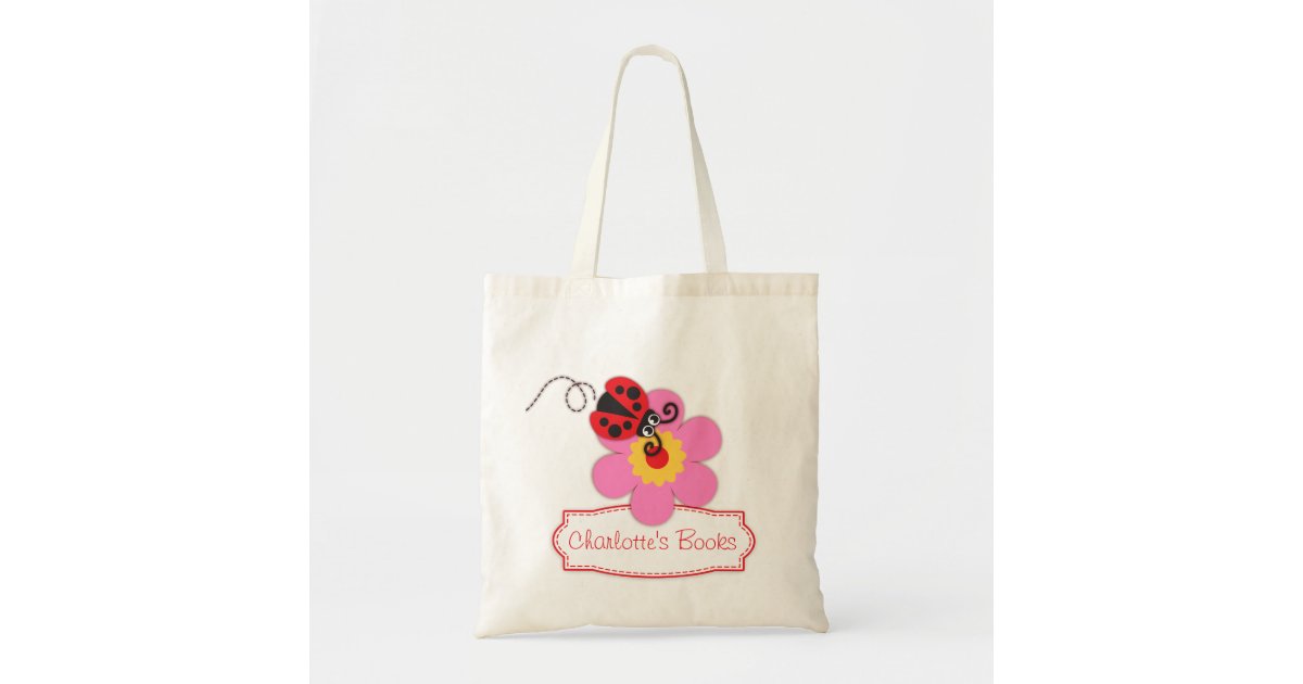 Kids red ladybug / ladybird flower library bag | Zazzle