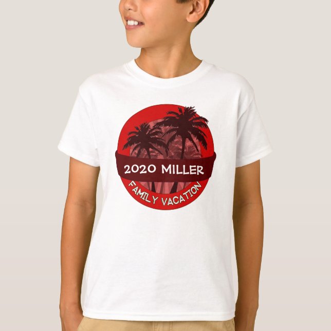 Kids red palm tree custom name vacation tshirt (Front)