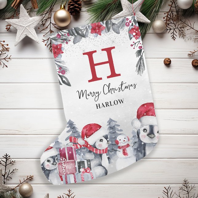 Kids Red Penguin Monogram Name Small Christmas Stocking (Creator Uploaded)