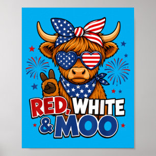 Kids Red White Moo Highland Cow 4th Of July Poster