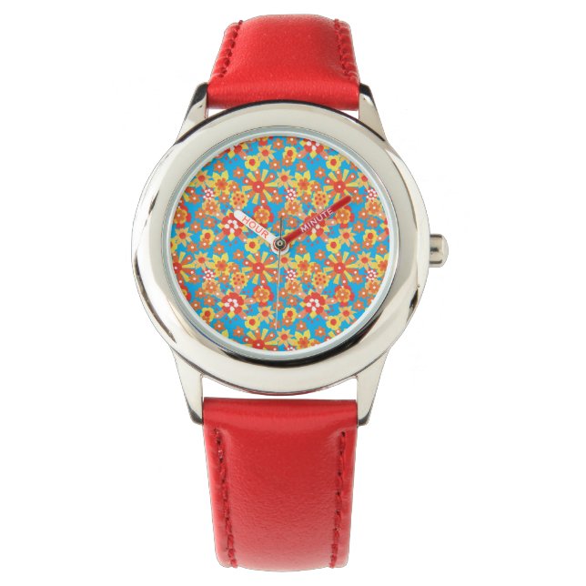 Kids Red Wristwatch: Ditzy Orange Flowers Pattern Watch (Front)