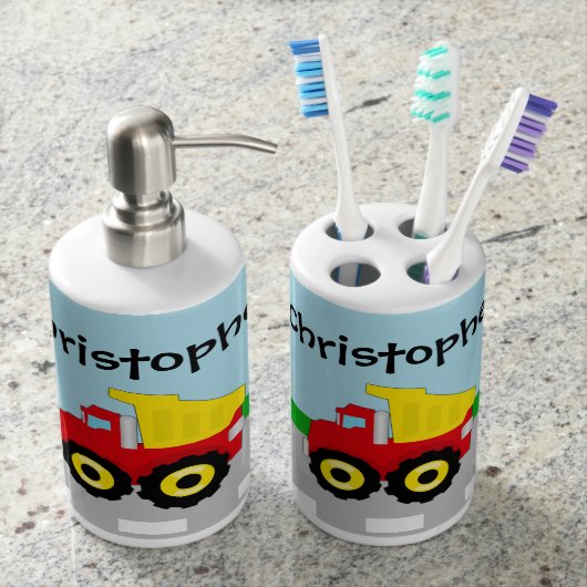 Kid's Red/Yellow Dump Truck on Road Soap Dispenser And Toothbrush Holder (Front)