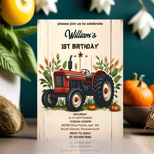 kids retro boy cool tractor first 1st birthday invitation