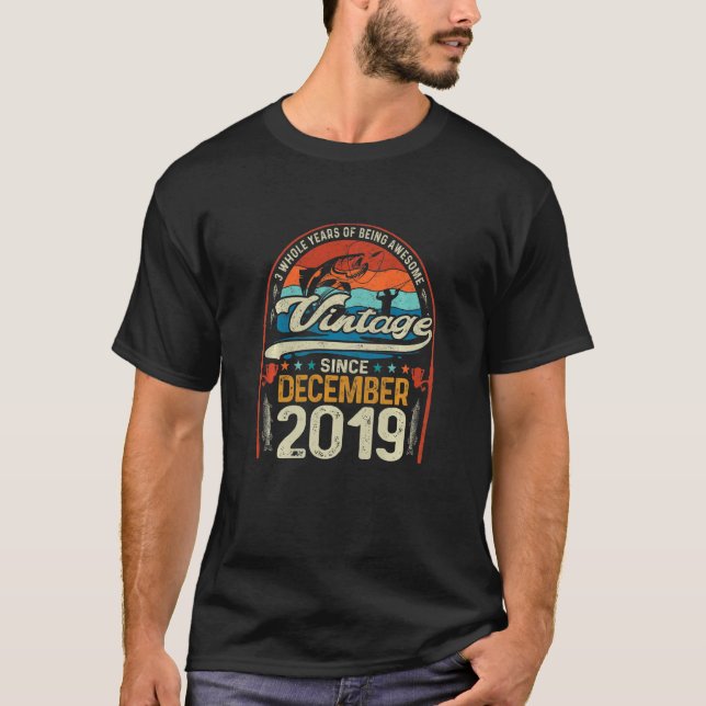 Kids Retro December 2019 3 Year Old Fishing  3rd B T-Shirt (Front)