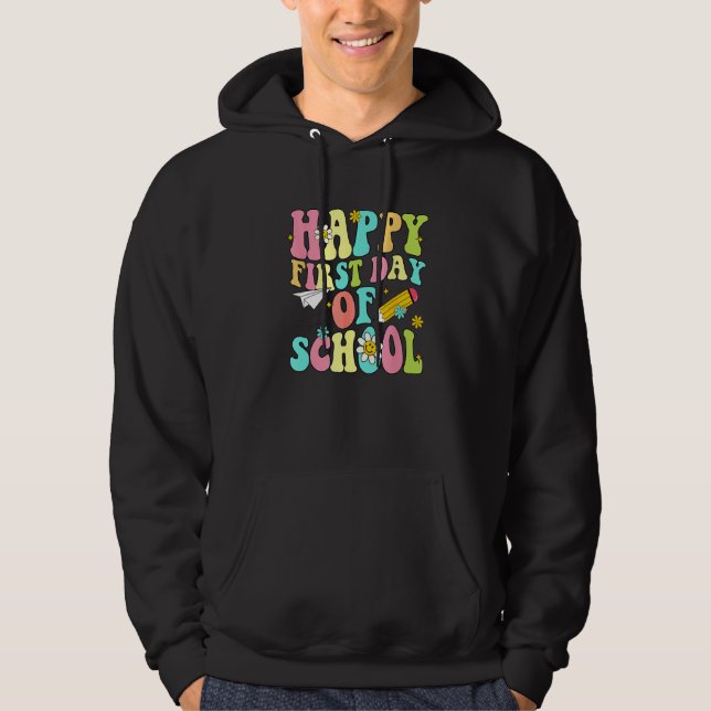 Kids Retro Groovy Happy First Day Of School Teache Hoodie (Front)