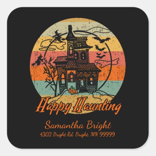Kids Retro Halloween Happy Haunting Haunted House Square Sticker