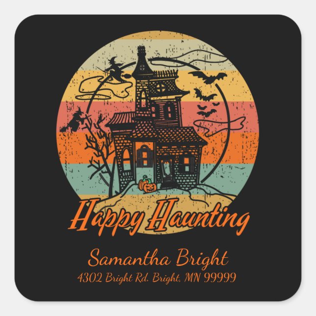 Kids Retro Halloween Happy Haunting Haunted House Square Sticker (Front)