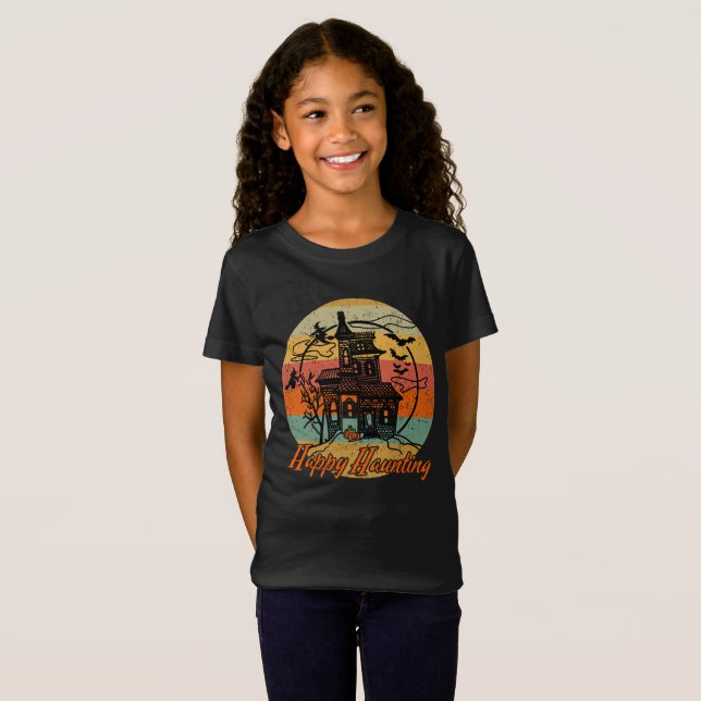 Kids Retro Halloween Happy Haunting Haunted House T-Shirt (Front Full)